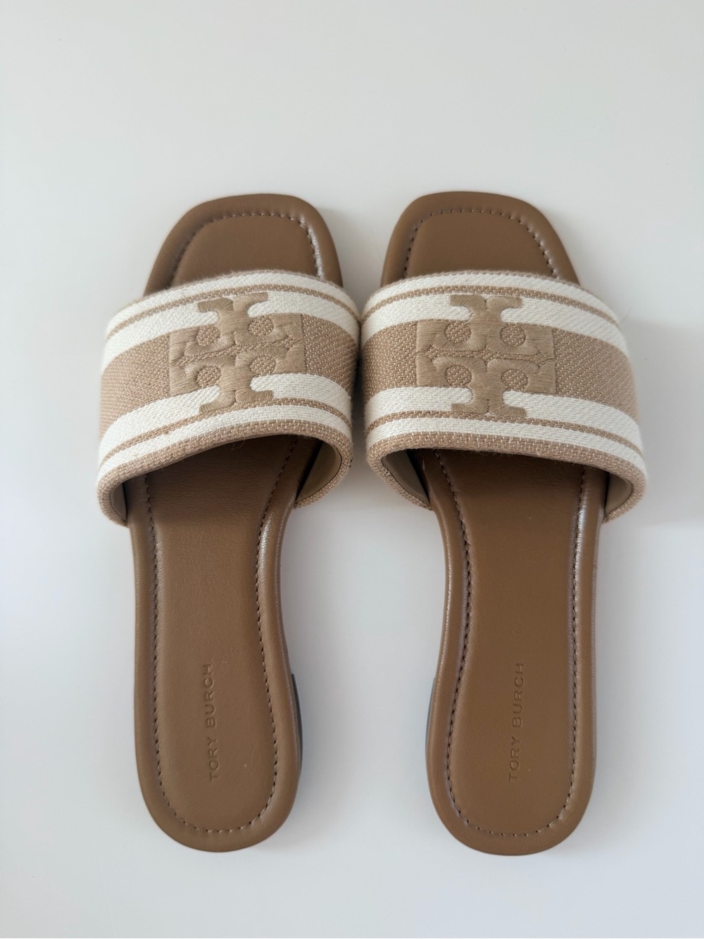Tory Burch Tan and Cream Logo Slide Sandals